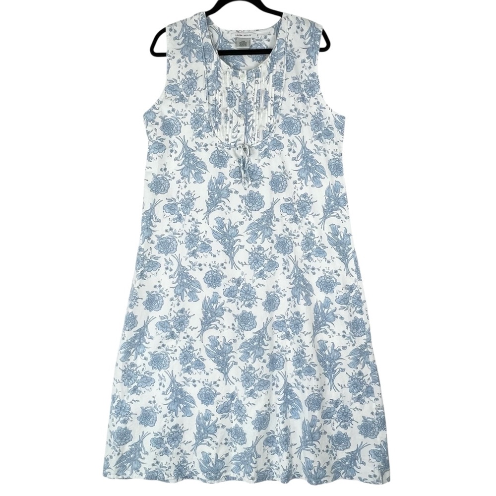 Laura Ashley Blue Floral Cotton Nightgown Dress Sz L Cottagecore Flannel Modest